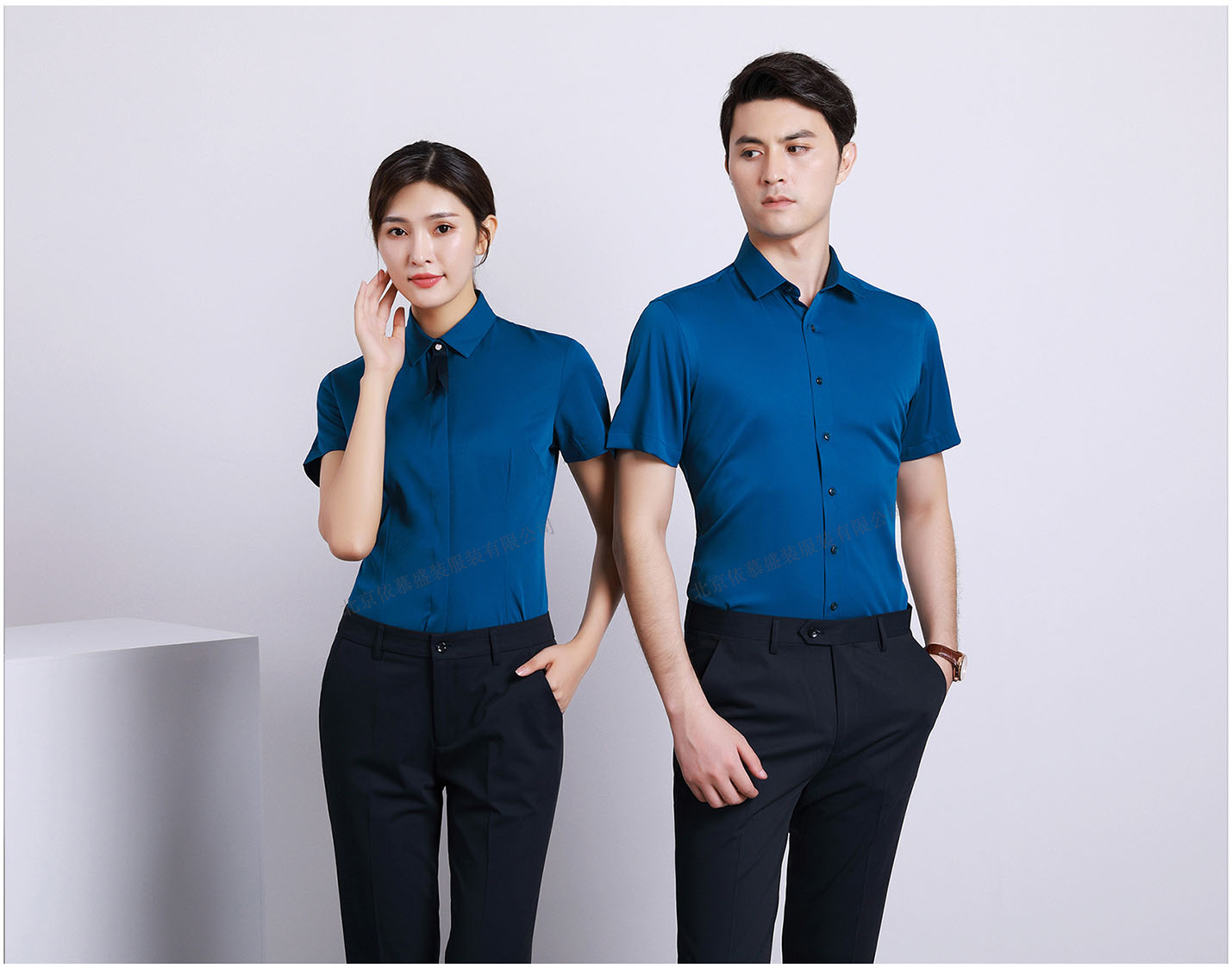 襯衫定制 時(shí)尚襯衫男女士夏季 寶藍(lán)色短袖襯衫